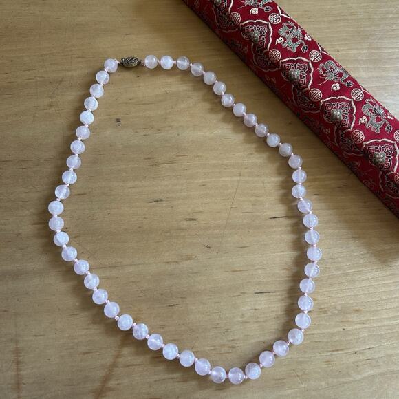 Vintage 80s Pink Jade Sterling Silver Chinese Bead Necklace 26” 75g - Picture 1 of 6